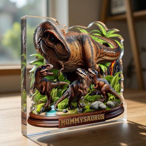 May include: A clear acrylic block features a 3D depiction of a Tyrannosaurus Rex with three smaller dinosaurs and the text "Mommy" and "Mommysaurus". The dinosaurs are brown and tan with blue eyes, set against a backdrop of green foliage.
