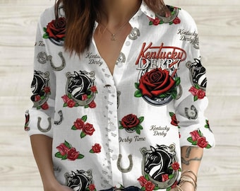 Kentucky Derby Horse Racing Women Shirt, Red Rose Horseshoe Blouse Shirt, Derby Time Party Outfit, Southern Preppy Casual Top For Her