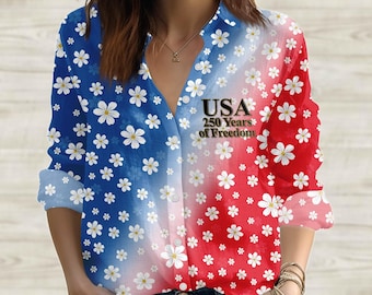 USA Daisy Women Shirt, Patriotic Floral Button Up Blouse, Fourth of July America Flag Shirt, 4th of July Gift for Women, Freedom Top