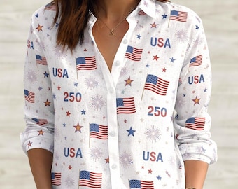 Usa Flag Women Shirt, Vintage Usa Blouse Shirt, Patriotic Shirt, Independence Day Top, 4th Of July Casual Shirt, Gift For Her