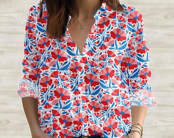 USA Frauen Bluse mit Blumenmuster, 4. Juli Button Up Shirt, Americana Floral Vintage Top, Botanisches Shirt, USA Outfit, Geschenk für Sie
