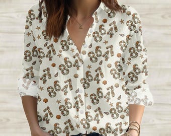 8647 Seashells Shirt Women, Seashells Blouse Shirt, Subtle Shirt, 86 47 Summer Shirt, Casual Top, Button Up Shirt, Long Sleeve Shirt