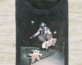 Star Wars Skateboarding Comfort Colors Tee, Mandalorian And Baby Yoda Shirt, Disney Shirt, Disney Trip Hip Hop Wear,Star Wars Meme Gift