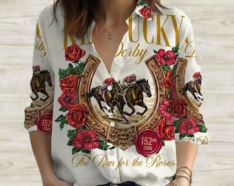 Kentucky Derby Horse Racing Blouse Shirt, Red Rose Horseshoe Women Shirt, Derby Time Party Outfit, Southern Preppy Top, Gift For Her