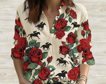 Kentucky Derby Horse Racing Blouse, Run For The Roses Women Shirt, Red Rose Floral Shirt,Southern Preppy Derby Party Casual Top For Her
