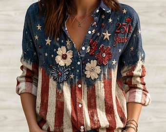 4. Juli Bluse im Leinenlook, 4. Juli Bluse im Leinenlook, Vintage USA Floral Shirt, Retro Flagge Shirt