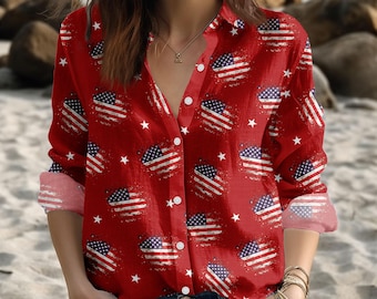 4th Of July Women Shirt, America Long Sleeve Shirt, American Flag Shirt, USA Holiday Shirt, America Button Shirt, Gift For Her
