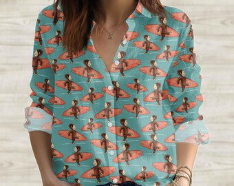 Vintage Surf Monkey Blouse Shirt, Women Shirt, Nostalgic Summer Shirt, Beach Vacation Top, Cozy Nostalgic Aesthetic Shirt, Gift For Her