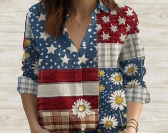 USA Floral Women Shirt, Usa Star Blouse Shirt, Retro American Flag Casual Top, 4th Of July Holiday Shirt, Button Shirt, Patriotic Gift