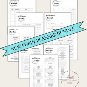 Op de afbeelding: Een printbare puppy plannerbundel met checklists voor socialisatie, verzorging en zindelijkheidstraining. De bundel bevat een checklist voor giftige voedingsmiddelen en planten voor honden, een schema voor wandelen en oefenen en een zindelijkheidstrainer.