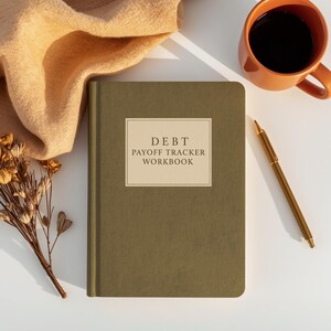 May include: An olive green workbook with a rectangular cream label on the cover featuring the black text DEBT PAYOFF TRACKER WORKBOOK. The workbook is positioned next to a gold pen, a ceramic orange mug filled with black coffee, and dried flowers.