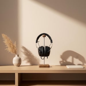 Handmade Dark Oak Headphone Stand: Aluminum & Wood Headset Hanger