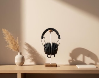 Soporte para auriculares de roble oscuro hecho a mano: Colgador de auriculares de aluminio y madera