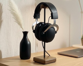 Soporte para auriculares de roble oscuro hecho a mano: soporte de acero y madera