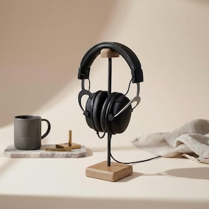 Soporte para auriculares de roble hecho a mano: soporte de acero y madera para auriculares