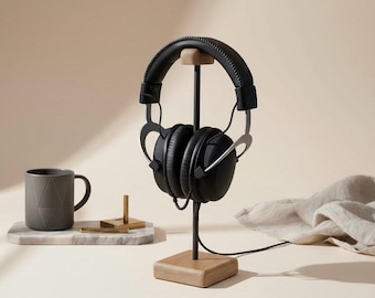 Soporte para auriculares de roble hecho a mano: soporte de acero y madera para auriculares