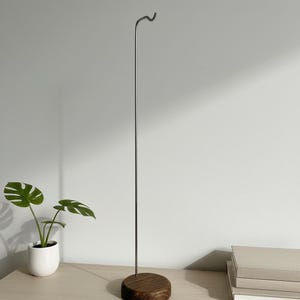 May include: A tall, slender, dark metal hook stand with a curved top, set on a round, dark wood base. The stand is designed for displaying items. A small potted plant and books are in the background, on a light-colored surface.