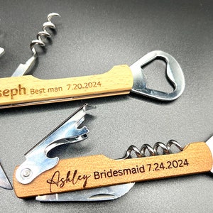 Custom Wine Bottle Openers, Engraved Custom Wine Openers, Personalized wedding Gift, Groomsman and Bridesmaid gifts