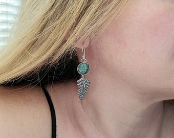FERNS Chrysocolla and Sterling Silver Artisan Forged Earrings.  OOAK.  Hypoallergenic Argentium Silver. Botanical jewelry