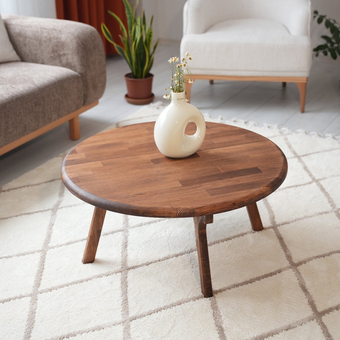 Walnut Color Round Coffee Table, Solid Pine Wood Coffee Table Mid ...