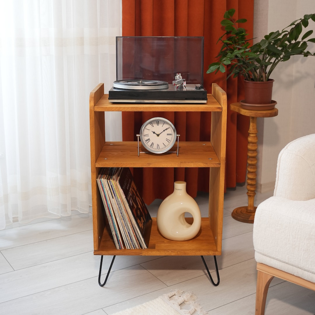 Music Record Rack Record Player Stand, Large Solid Wood Mid Century Modern Audio Rack ...