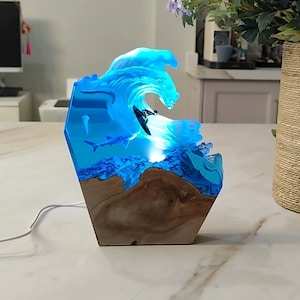 Ocean Wave LED Lamp Shark & Surfer Epoxy Resin - Wood Home Decor Art | Marine Biology Bedroom Night Light Decoration Gift For Him, Her, Dad