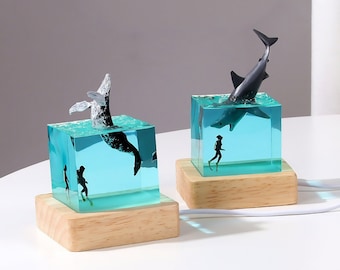 Shark & Whale LED Lamp Epoxy Resin - Wood Home Decor Art | Ocean Beach Marine Biology Bedroom Night Light Decoration Gift For Him, Her, Dad