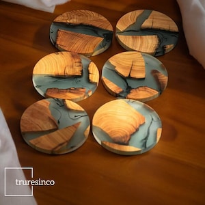 Coasters Resin Epoxy & Pine Wood 6 Pack - Traditional Japanese Style Ink Home Decor Tableware For Tea, Coffee, Hot Drinks Housewarming Gift