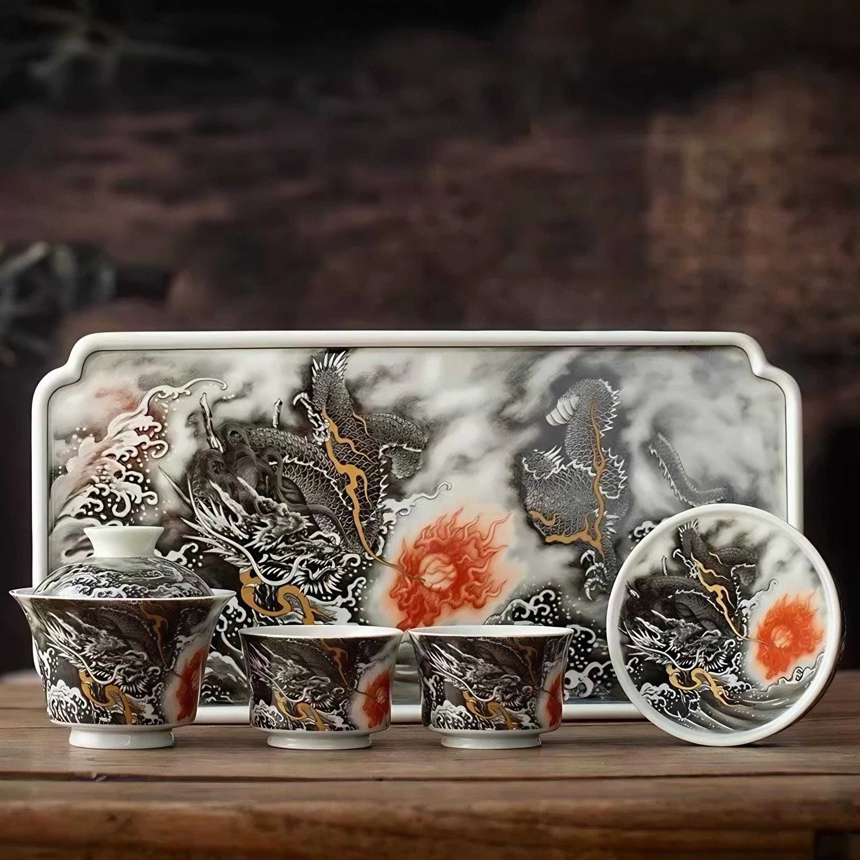 Porcelain Dragon Tea Set – Chinese Blue White Teaware With Tray, Gaiwan ...