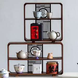 Chinese walnoot displayplank – handgemaakte theeplank, massief houten opbergrek, oosterse woondecoratie, Wabi Sabi tafelorganisator cadeau