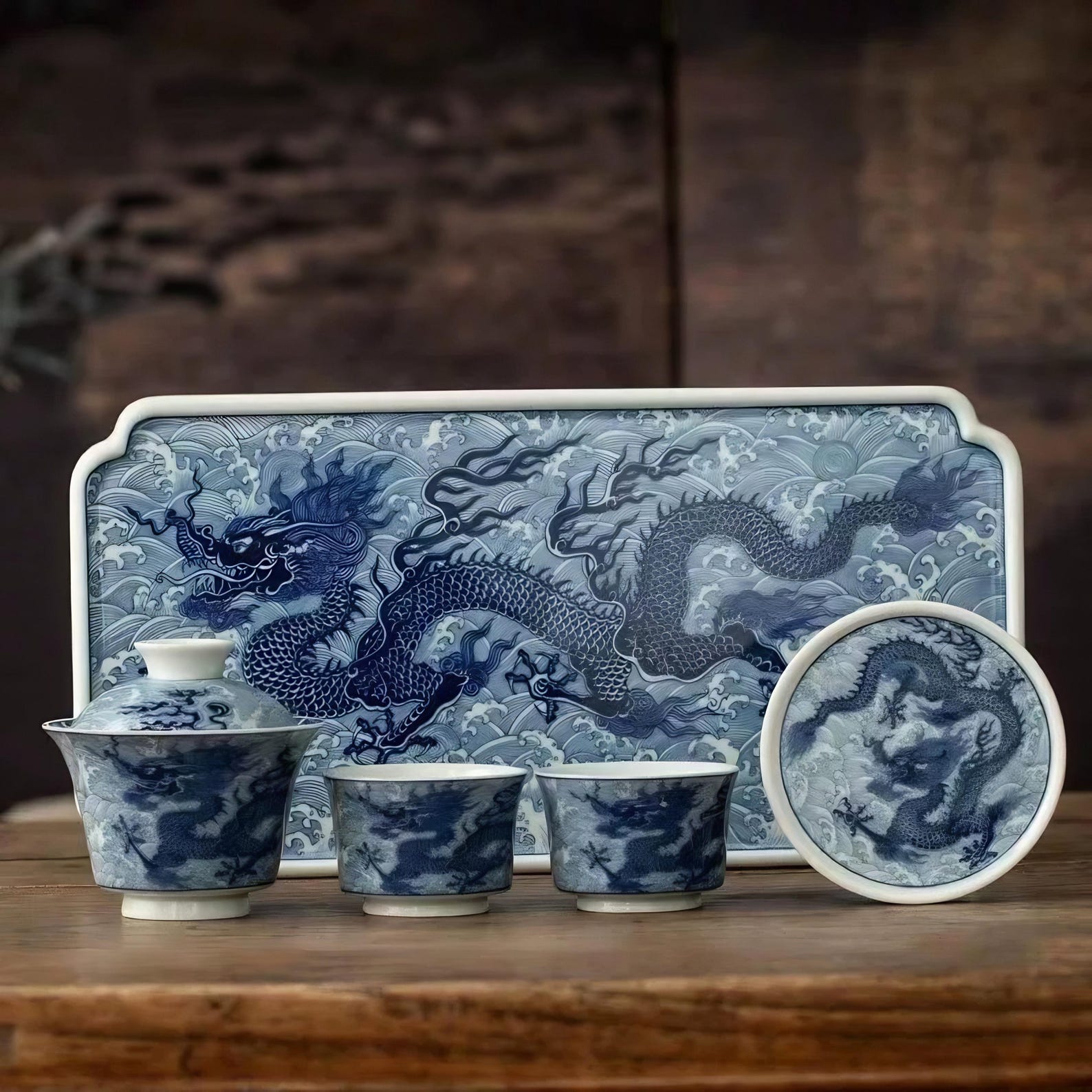 Porcelain Dragon Tea Set – Chinese Blue White Teaware With Tray, Gaiwan ...