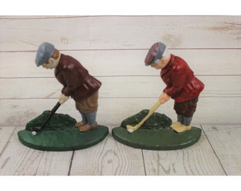 Set of 2 Vintage Cast Iron Painted Golfer Bookends