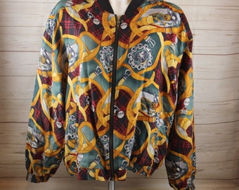 Vintage SILK CLUB 100% Silk Zip Bomber Designer Jacket Hunting Dogs All Over Print