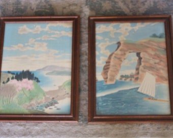 Set of 2 Vintage Oriental Watercolor on Silk Ocean Boat Scene Framed Paintings Art