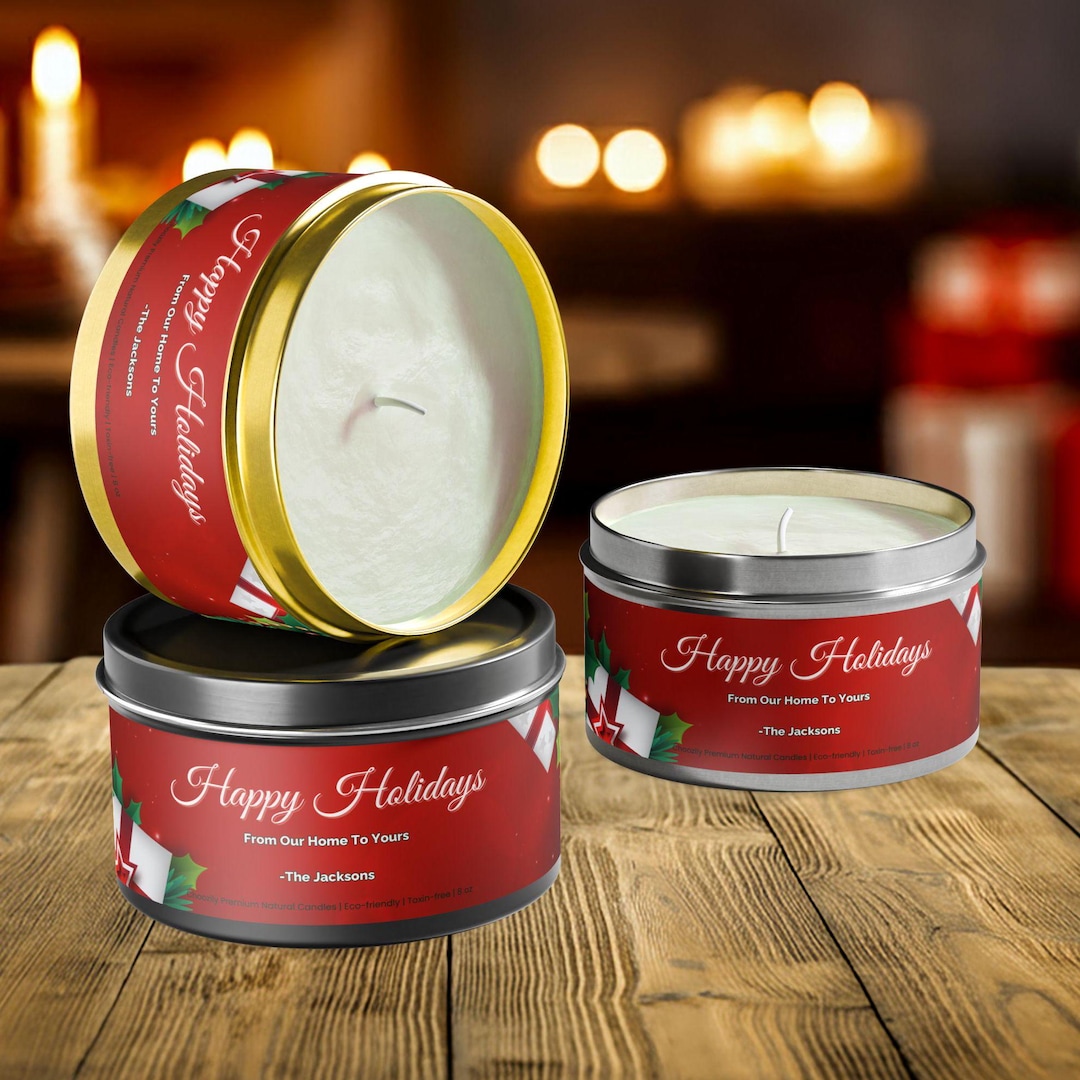 Personalized Happy Holidays Candle Gift, Customizable Christmas Tin