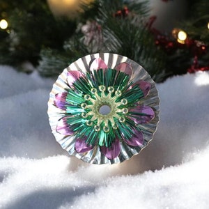 Vintage Mid Century Aluminum & Tinsel Christmas Tree Reflector, Mod Christmas Decoration, Pink, Green Silver,  Atomic Colors