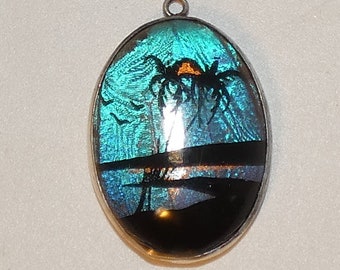 Butterfly Wing Pendant Charm, Blue Morpho Butterfly Wings,  Palm Trees, Beach, Nautical Butterfly Wing Art, Sunset Charm