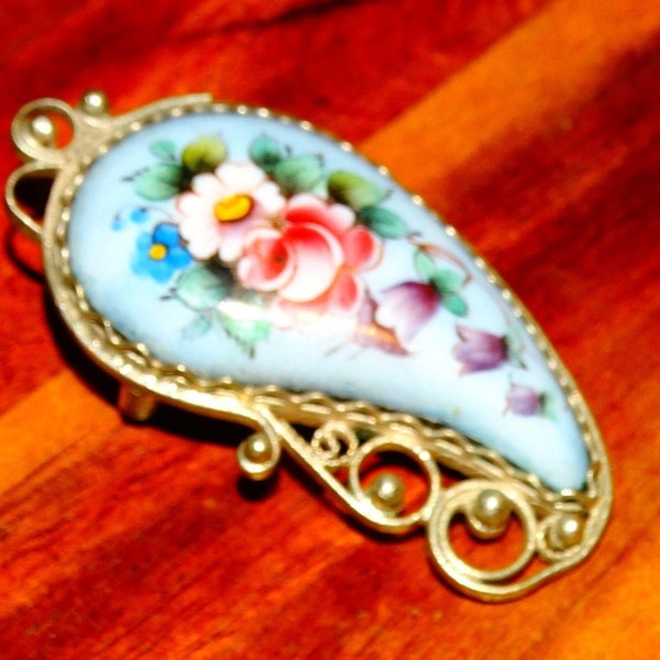 Vintage Baby Blue Porcelain Hand Painted Enamel Floral Russian Rostov Finift  Brooch, Pin, Something Blue