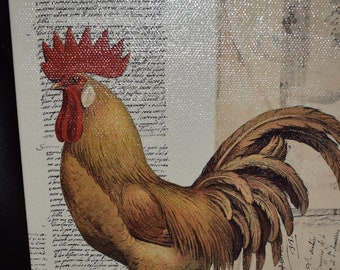 Country Folk Art Rooster Art Print on Canvas  Poulet de Campagne II Pierre Lapin, Farmhouse decor Country Kitchen