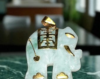 Vintage Green Jade Elephant Pendant: 14K Gold & Ruby Bohemian Charm