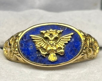 Vintage Men’s Lapis Lazuli Signet Ring,  14 Karat Gold - Franklin Mint, Double Eagle Signet