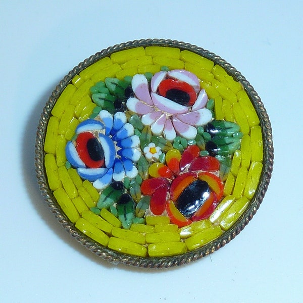 Vintage Micro Mosaic Oval Yellow Floral Pin, Made in Italy, Dainty Micro Mosaic Brooch Pin, Red White Blue Roses
