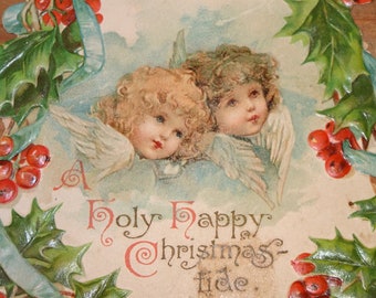 1800's Victorian Trade Card, Angels, Holly Berries, "A Holy Happy Christmas Tide" Holiday Greeting, Mercantile Advertising Card