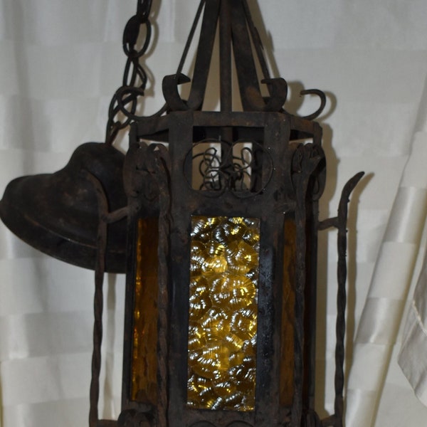 1930 Medieval Gothic Spanish Revival Wrought Iron Pendant Light - Scrolled Chandelier w/Goldenrod Stained Glass Panels - Home Décor Swag