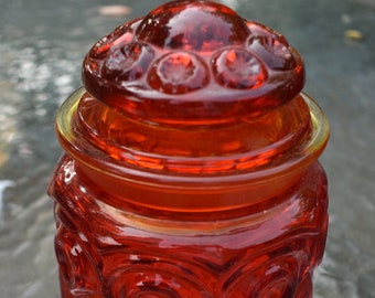 Mid Century Glass Canister & Lid Moon and Star Amberina. Decanter, Apothecary Glass Jar with Lid - Discontinued  5" Smith Glass Co.