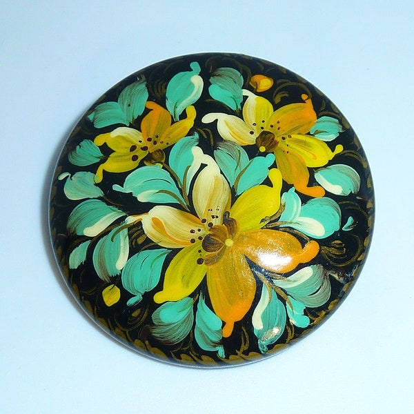 Vintage Russian Painted Pin Flower Brooch, Black Yellow Flowers, Hand Painted Wood Russian Lacquer Brooch