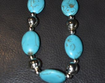 Vintage 90's Faux Turquoise & Silver Necklace, Southwestern Style, Rodeo Jewelry