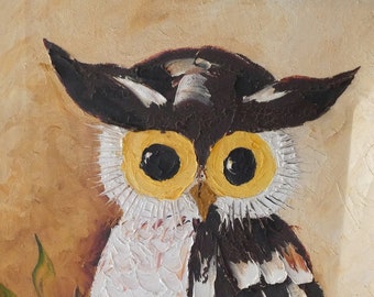 Mod Owl Oil Painting, Big Eyed Owl, Mid Century Owl Painting - Signed