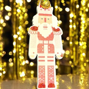 Repurposed Nutcracker Brooch, Wooden Nutcracker Christmas Candy Cane Red & White Nutcracker, Hand Painted, Glittered Golden Top