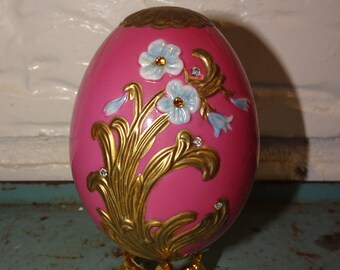 Porcelain Easter Egg & Stand, Blue Flower, Pink Egg, Porcelain, TFM, Hand Crafted in Taiwan, Easter Decor, Elegant, Small Blue Flowers